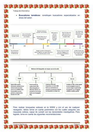 Trabajo de Informática
Verónica Rodríguez Página6
 Buscadores temáticos: constituyen buscadores especializados en
áreas del saber.
Para realizar búsquedas exitosas en la WWW y con el uso de cualquier
navegador, debes tomar en cuenta parámetros con los cuales asegures una
respuesta exitosa, capaz de cumplir con tus necesidades investigativas. Para
lograrlo, toma en cuenta las siguientes recomendaciones:
 