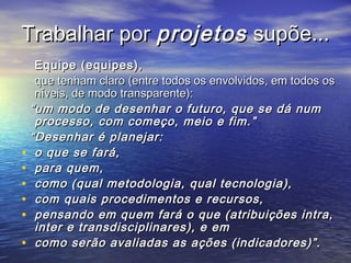 Trabalhar porTrabalhar por projetosprojetos supõe...supõe...
Equipe (equipes),Equipe (equipes),
que tenham claro (entre todos os envolvidos, em todos osque tenham claro (entre todos os envolvidos, em todos os
níveis, de modo transparente):níveis, de modo transparente):
““um modo de desenhar o futuro, que se dá numum modo de desenhar o futuro, que se dá num
processo, com começo, meio e fim.”processo, com começo, meio e fim.”
““Desenhar é planejar:Desenhar é planejar:
• o que se fará,o que se fará,
• para quem,para quem,
• como (qual metodologia, qual tecnologia),como (qual metodologia, qual tecnologia),
• com quais procedimentos e recursos,com quais procedimentos e recursos,
• pensando em quem fará o que (atribuições intra,pensando em quem fará o que (atribuições intra,
inter e transdisciplinares), e eminter e transdisciplinares), e em
• como serão avaliadas as ações (indicadores)”.como serão avaliadas as ações (indicadores)”.
 