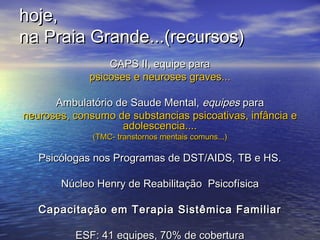 hoje,hoje,
na Praia Grandena Praia Grande...(recursos)...(recursos)
CAPS II, equipe paraCAPS II, equipe para
psicoses e neuroses graves...psicoses e neuroses graves...
Ambulatório de Saude Mental,Ambulatório de Saude Mental, equipesequipes parapara
neuroses, consumo de substancias psicoativas, infância eneuroses, consumo de substancias psicoativas, infância e
adolescencia....adolescencia....
(TMC- transtornos mentais comuns...)(TMC- transtornos mentais comuns...)
Psicólogas nos Programas de DST/AIDS, TB e HS.Psicólogas nos Programas de DST/AIDS, TB e HS.
Núcleo Henry de Reabilitação PsicofísicaNúcleo Henry de Reabilitação Psicofísica
Capacitação em Terapia Sistêmica FamiliarCapacitação em Terapia Sistêmica Familiar
ESF: 41 equipes, 70% de coberturaESF: 41 equipes, 70% de cobertura
 