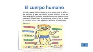 Del latín corpus, el término cuerpo tiene varios usos. Se refiere,
por ejemplo, a algo que posee tamaño limitado y que es
apreciable por los sentidos, al grupo de sistemas orgánicos que
conforman un ente vivo, al conjunto de las cosas que se dicen
en una obra escrita y a la espesura o densidad de los líquidos.
 