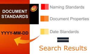 Naming Standards
Document Properties
Date Standards
DOCUMENT
STANDARDS
Search Results
YYYY-MM-DD
 