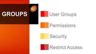 User Groups
Permissions
Security
GROUPS
Restrict Access
 