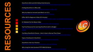 SharePoint 2010 and 2013 Default Site Elements
http://www.letscollaborate.co.za/sharepoint-2010-and-2013-default-site-elements-posters/
Finding SharePoint in Office 365
http://www.letscollaborate.co.za/finding-sharepoint-in-office-365/
Why You Need an Intranet (and What’s on LC’s)
http://www.letscollaborate.co.za/why-you-need-an-intranet/
Office 365 for Beginners Video (35 minutes)
https://www.facebook.com/video.php?v=881839258532311&set=vb.101806503202261&type=2
Or Slidedeck for the Above Video
http://www.slideshare.net/VeroniquePalmer/office-365-for-beginners
Top Free Resources for Learning SharePoint with no Budget
http://www.letscollaborate.co.za/top-free-resources-for-learning-sharepoint-when-you-have-no-
budget/
Too Many SharePoint Choices – Here’s How to Narrow Them Down
http://www.letscollaborate.co.za/too-many-sharepoint-choices-how-to-narrow-them-down/
Types of Dashboard in SharePoint
http://www.letscollaborate.co.za/types-of-dashboards-in-sharepoint/
SharePoint is Not Your Fileshare
http://www.letscollaborate.co.za/sharepoint-is-not-your-fileshare/
Why Using the Date Standard YYYY-MM-DD Works
http://www.letscollaborate.co.za/why-using-the-date-standard-yyyy-mm-dd-works/
RESOURCES
 