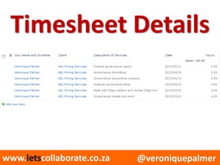 @veroniquepalmerwww.letscollaborate.co.za
Timesheet Details
 