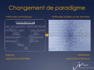 Changement de paradigme
méthodes symboliques   méthodes basées sur les données




logique                                     statistiques
approche rationnelle              approche empirique
 