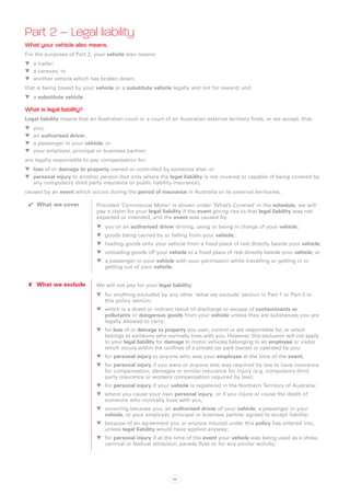 Part 2 – Legal liability
What your vehicle also means.
For the purposes of Part 2, your vehicle also means:
WW a trailer;
WW a caravan; or
WW another vehicle which has broken down;
that is being towed by your vehicle or a substitute vehicle legally and not for reward; and
WW a substitute vehicle.

What is legal liability?
Legal liability means that an Australian court or a court of an Australian external territory finds, or we accept, that:
WW   you;
WW   an authorised driver;
WW   a passenger in your vehicle; or
WW   your employer, principal or business partner;
are legally responsible to pay compensation for:
WW loss of or damage to property owned or controlled by someone else; or
WW personal injury to another person (but only where the legal liability is not covered or capable of being covered by
   any compulsory third party insurance or public liability insurance),
caused by an event which occurs during the period of insurance in Australia or its external territories.

 ✔✔ What we cover             Provided ‘Commercial Motor’ is shown under ‘What’s Covered’ in the schedule, we will
                              pay a claim for your legal liability if the event giving rise to that legal liability was not
                              expected or intended, and the event was caused by:
                              WW you or an authorised driver driving, using or being in charge of your vehicle;
                              WW goods being carried by or falling from your vehicle;
                              WW loading goods onto your vehicle from a fixed place of rest directly beside your vehicle;
                              WW unloading goods off your vehicle to a fixed place of rest directly beside your vehicle; or
                              WW a passenger in your vehicle with your permission while travelling or getting in or
                                 getting out of your vehicle.


 ✘✘ What we exclude           We will not pay for your legal liability:
                              WW for anything excluded by any other ‘what we exclude’ section in Part 1 or Part 2 in
                                 this policy section;
                              WW which is a direct or indirect result of discharge or escape of contaminants or
                                 pollutants or dangerous goods from your vehicle unless they are substances you are
                                 legally allowed to carry;
                              WW for loss of or damage to property you own, control or are responsible for, or which
                                 belongs to someone who normally lives with you. However, this exclusion will not apply
                                 to your legal liability for damage to motor vehicles belonging to an employee or visitor
                                 which occurs within the confines of a private car park owned or operated by you;
                              WW for personal injury to anyone who was your employee at the time of the event;
                              WW for personal injury if you were or anyone else was required by law to have insurance
                                 for compensation, damages or similar insurance for injury (e.g. compulsory third
                                 party insurance or workers compensation required by law);
                              WW for personal injury if your vehicle is registered in the Northern Territory of Australia;
                              WW where you cause your own personal injury, or if you injure or cause the death of
                                 someone who normally lives with you;
                              WW occurring because you, an authorised driver of your vehicle, a passenger in your
                                 vehicle, or your employer, principal or business partner agreed to accept liability;
                              WW because of an agreement you or anyone insured under this policy has entered into,
                                 unless legal liability would have applied anyway;
                              WW for personal injury if at the time of the event your vehicle was being used as a show,
                                 carnival or festival attraction, parade float or for any similar activity;




                                                              94
 