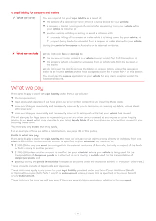 4. Legal liability for caravans and trailers
 ✔✔ What we cover             You are covered for your legal liability as a result of:
                              WW the actions of a caravan or trailer while it is being towed by your vehicle;
                              WW a caravan or trailer running out of control after separating from your vehicle while
                                 your vehicle is moving; or
                              WW another vehicle colliding or acting to avoid a collision with:
                                 WW property falling off a caravan or trailer while it is being towed by your vehicle; or
                                 WW property being loaded or unloaded from a caravan or trailer attached to your vehicle;
                              during the period of insurance in Australia or its external territories.


 ✘✘ What we exclude           We do not cover loss or damage to:
                              WW the caravan or trailer unless it is a vehicle insured under Part 1 of this section; or
                              WW the property which is loaded or unloaded from or which falls from the caravan or
                                 the trailer.
                              We do not cover the cost to remove the trailer or caravan debris, unless the caravan or
                              trailer is an insured vehicle and we have accepted a claim for it under Part 1 of this section.
                              You must pay the excess applicable to your vehicle for any claim accepted under this
                              Additional Benefit.



What we pay
If we agree to pay a claim for legal liability under Part 2, we will pay:
WW the compensation;
WW legal costs and expenses if we have given our prior written consent to you incurring these costs;
WW costs and charges reasonably and necessarily incurred by you in removing or cleaning up debris, unless stated
   otherwise; and
WW costs and charges reasonably and necessarily incurred to extinguish a fire that your vehicle has caused.
We will also pay for legal costs in representing you or any other person covered at any inquest or other inquiry
relating to an event which may give rise to you being legally liable, if we have given our prior written consent to you
incurring these costs.
You must pay any excess that may apply.
For an example of how we settle a liability claim, see page 104 of this policy.
Limits to what we pay
If we agree to pay a claim for legal liability, the most we will pay for all claims arising directly or indirectly from one
event is $30 million (unless another amount is specified on your schedule) but restricted to:
WW $1,000,000 for any one event occurring within the external territories of Australia, but only in respect of the death
   or bodily injury to another person;
WW $1,000,000 (unless another amount is specified on your schedule) where your vehicle is being used for the
   transportation of dangerous goods or is attached to, or is towing, a vehicle used for the transportation of
   dangerous goods; and
WW $500,000 during the period of insurance in respect of all claims under the Additional Benefit 1 – ‘Pollution’ under Part 2.
These amounts include all legal costs and expenses.
These limits also apply to any cover for your legal liability provided under any Extra Cover, Additional Benefit
or Optional Insurance (both Parts 1 and 2) or endorsement unless a lower limit is specified in the cover, benefit
or any endorsement.
These limits are the most we will pay even if there are several claims against you relating to the one event.




                                                              97
 