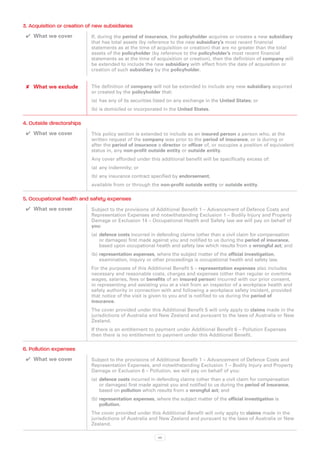 3. Acquisition or creation of new subsidiaries
 ✔✔ What we cover           If, during the period of insurance, the policyholder acquires or creates a new subsidiary
                            that has total assets (by reference to the new subsidiary’s most recent financial
                            statements as at the time of acquisition or creation) that are no greater than the total
                            assets of the policyholder (by reference to the policyholder’s most recent financial
                            statements as at the time of acquisition or creation), then the definition of company will
                            be extended to include the new subsidiary with effect from the date of acquisition or
                            creation of such subsidiary by the policyholder.


 ✘✘ What we exclude         The definition of company will not be extended to include any new subsidiary acquired
                            or created by the policyholder that:
                            (a)	 has any of its securities listed on any exchange in the United States; or
                            (b)	is domiciled or incorporated in the United States.

4. Outside directorships
 ✔✔ What we cover           This policy section is extended to include as an insured person a person who, at the
                            written request of the company was prior to the period of insurance, or is during or
                            after the period of insurance a director or officer of, or occupies a position of equivalent
                            status in, any non-profit outside entity or outside entity.
                            Any cover afforded under this additional benefit will be specifically excess of:
                            (a)	 any indemnity; or
                            (b)	any insurance contract specified by endorsement,
                            available from or through the non-profit outside entity or outside entity.

5. Occupational health and safety expenses
 ✔✔ What we cover           Subject to the provisions of Additional Benefit 1 – Advancement of Defence Costs and
                            Representation Expenses and notwithstanding Exclusion 1 – Bodily Injury and Property
                            Damage or Exclusion 14 – Occupational Health and Safety law we will pay on behalf of
                            you:
                            (a)	 defence costs incurred in defending claims (other than a civil claim for compensation
                                 or damages) first made against you and notified to us during the period of insurance,
                                 based upon occupational health and safety law which results from a wrongful act; and
                            (b)	representation expenses, where the subject matter of the official investigation,
                                examination, inquiry or other proceedings is occupational health and safety law.
                            For the purposes of this Additional Benefit 5 – representation expenses also includes
                            necessary and reasonable costs, charges and expenses (other than regular or overtime
                            wages, salaries, fees or benefits of an insured person) incurred with our prior consent,
                            in representing and assisting you at a visit from an inspector of a workplace health and
                            safety authority in connection with and following a workplace safety incident, provided
                            that notice of the visit is given to you and is notified to us during the period of
                            insurance.
                            The cover provided under this Additional Benefit 5 will only apply to claims made in the
                            jurisdictions of Australia and New Zealand and pursuant to the laws of Australia or New
                            Zealand.
                            If there is an entitlement to payment under Additional Benefit 6 – Pollution Expenses
                            then there is no entitlement to payment under this Additional Benefit.

6. Pollution expenses
 ✔✔ What we cover           Subject to the provisions of Additional Benefit 1 – Advancement of Defence Costs and
                            Representation Expenses, and notwithstanding Exclusion 1 – Bodily Injury and Property
                            Damage or Exclusion 6 – Pollution, we will pay on behalf of you:
                            (a)	 defence costs incurred in defending claims (other than a civil claim for compensation
                                 or damages) first made against you and notified to us during the period of insurance,
                                 based on pollution which results from a wrongful act; and
                            (b)	representation expenses, where the subject matter of the official investigation is
                                pollution.
                            The cover provided under this Additional Benefit will only apply to claims made in the
                            jurisdictions of Australia and New Zealand and pursuant to the laws of Australia or New
                            Zealand.

                                                           46
 