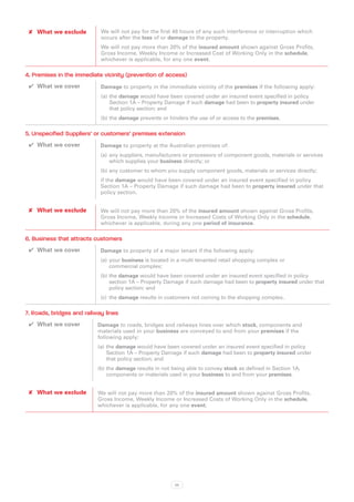 ✘✘ What we exclude         We will not pay for the first 48 hours of any such interference or interruption which
                            occurs after the loss of or damage to the property.
                            We will not pay more than 20% of the insured amount shown against Gross Profits,
                            Gross Income, Weekly Income or Increased Cost of Working Only in the schedule,
                            whichever is applicable, for any one event.

4. Premises in the immediate vicinity (prevention of access)
 ✔✔ What we cover           Damage to property in the immediate vicinity of the premises if the following apply:
                            (a)	 the damage would have been covered under an insured event specified in policy
                                 Section 1A – Property Damage if such damage had been to property insured under
                                 that policy section; and
                            (b)	the damage prevents or hinders the use of or access to the premises.

5. Unspecified Suppliers’ or customers’ premises extension
 ✔✔ What we cover           Damage to property at the Australian premises of:
                            (a)	 any suppliers, manufacturers or processors of component goods, materials or services
                                 which supplies your business directly; or
                            (b)	any customer to whom you supply component goods, materials or services directly;
                            if the damage would have been covered under an insured event specified in policy
                            Section 1A – Property Damage if such damage had been to property insured under that
                            policy section.


 ✘✘ What we exclude         We will not pay more than 20% of the insured amount shown against Gross Profits,
                            Gross Income, Weekly Income or Increased Costs of Working Only in the schedule,
                            whichever is applicable, during any one period of insurance.

6. Business that attracts customers
 ✔✔ What we cover           Damage to property of a major tenant if the following apply:
                            (a)	 your business is located in a multi tenanted retail shopping complex or
                                 commercial complex;
                            (b)	the damage would have been covered under an insured event specified in policy
                                section 1A – Property Damage if such damage had been to property insured under that
                                policy section; and
                            (c)	 the damage results in customers not coming to the shopping complex.

7. Roads, bridges and railway lines
 ✔✔ What we cover          Damage to roads, bridges and railways lines over which stock, components and
                           materials used in your business are conveyed to and from your premises if the
                           following apply:
                           (a)	 the damage would have been covered under an insured event specified in policy
                                Section 1A – Property Damage if such damage had been to property insured under
                                that policy section; and
                           (b)	the damage results in not being able to convey stock as defined in Section 1A,
                               components or materials used in your business to and from your premises.


 ✘✘ What we exclude        We will not pay more than 20% of the insured amount shown against Gross Profits,
                           Gross Income, Weekly Income or Increased Costs of Working Only in the schedule,
                           whichever is applicable, for any one event.




                                                          58
 