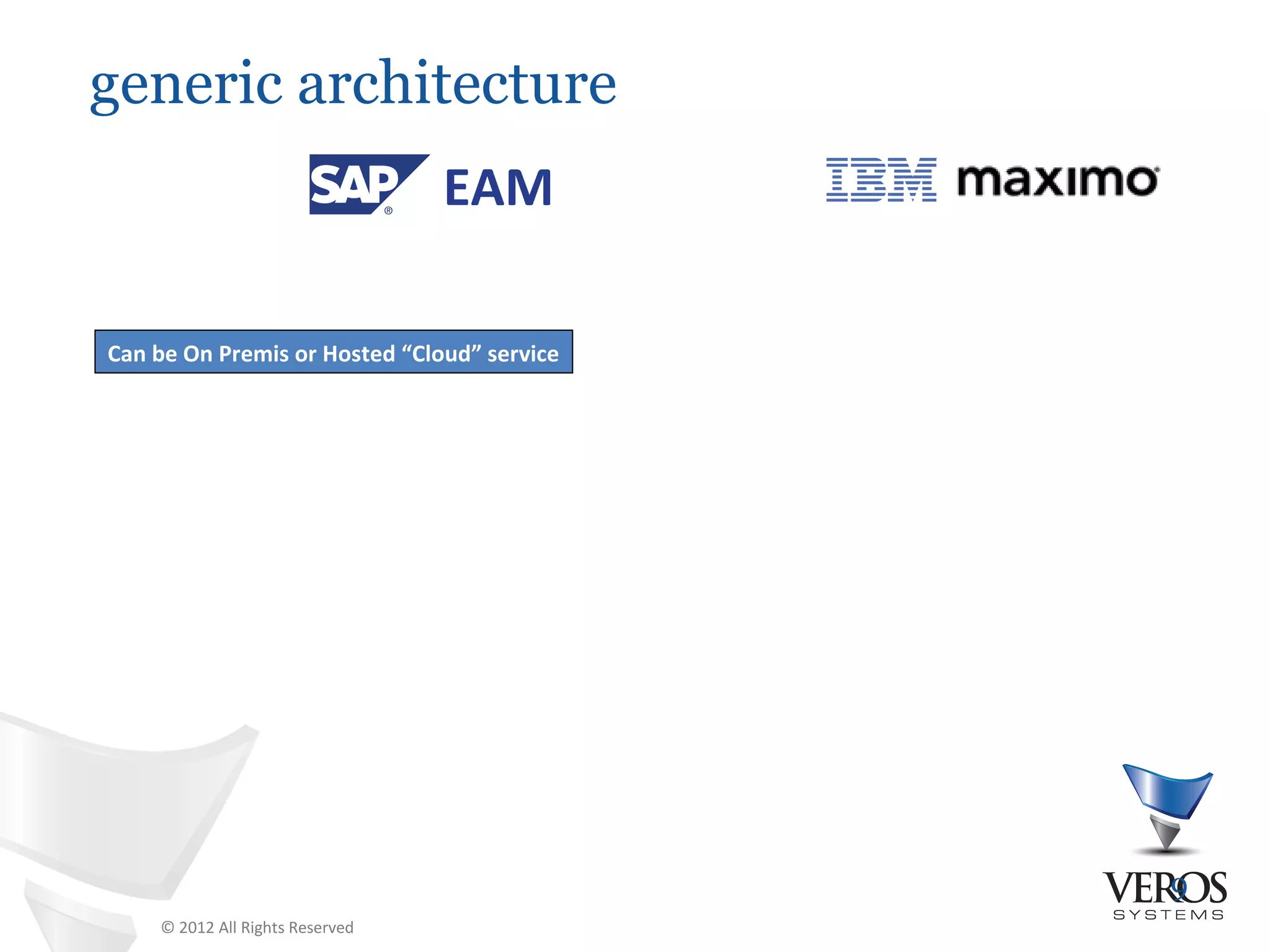 generic architecture
                                 EAM

Can be On Premis or Hosted “Cloud” service




                                             9
    © 2012 All Rights Reserved
 