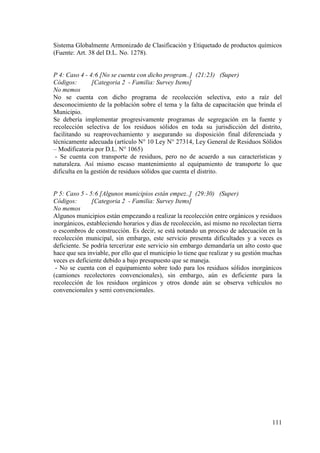 111
Sistema Globalmente Armonizado de Clasificación y Etiquetado de productos químicos
(Fuente: Art. 38 del D.L. No. 1278).
P 4: Caso 4 - 4:6 [No se cuenta con dicho program..] (21:23) (Super)
Códigos: [Categoria 2 - Familia: Survey Items]
No memos
No se cuenta con dicho programa de recolección selectiva, esto a raíz del
desconocimiento de la población sobre el tema y la falta de capacitación que brinda el
Municipio.
Se debería implementar progresivamente programas de segregación en la fuente y
recolección selectiva de los residuos sólidos en toda su jurisdicción del distrito,
facilitando su reaprovechamiento y asegurando su disposición final diferenciada y
técnicamente adecuada (artículo N° 10 Ley N° 27314, Ley General de Residuos Sólidos
– Modificatoria por D.L. N° 1065)
- Se cuenta con transporte de residuos, pero no de acuerdo a sus características y
naturaleza. Así mismo escaso mantenimiento al equipamiento de transporte lo que
dificulta en la gestión de residuos sólidos que cuenta el distrito.
P 5: Caso 5 - 5:6 [Algunos municipios están empez..] (29:30) (Super)
Códigos: [Categoria 2 - Familia: Survey Items]
No memos
Algunos municipios están empezando a realizar la recolección entre orgánicos y residuos
inorgánicos, estableciendo horarios y días de recolección, así mismo no recolectan tierra
o escombros de construcción. Es decir, se está notando un proceso de adecuación en la
recolección municipal, sin embargo, este servicio presenta dificultades y a veces es
deficiente. Se podría tercerizar este servicio sin embargo demandaría un alto costo que
hace que sea inviable, por ello que el municipio lo tiene que realizar y su gestión muchas
veces es deficiente debido a bajo presupuesto que se maneja.
- No se cuenta con el equipamiento sobre todo para los residuos sólidos inorgánicos
(camiones recolectores convencionales), sin embargo, aún es deficiente para la
recolección de los residuos orgánicos y otros donde aún se observa vehículos no
convencionales y semi convencionales.
 