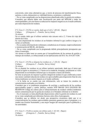113
conversión, entre otras alternativas que, a través de procesos de transformación física,
química, u otros, demuestren su viabilidad técnica, económica y ambiental
- No se viene cumpliendo con las disposiciones planificada sobre la gestión de residuos.
Considero que debería haber más fiscalización por parte del MINAM a todas las
municipalidades y de esta forma se reduzcan los impactos negativos en el medio ambiente
por mala disposición de residuos.
P 3: Caso 3 - 3:9 [No se cuenta, dado que el rell..] (40:44) (Super)
Códigos: [Categoria 3 - Familia: Survey Items]
No memos
No se cuenta, dado que el relleno sanitario más cercano está a 2, 5 horas de viaje del
distrito de Uraca.
Se viene disponiendo los residuos en un botadero informal lo que conlleve riesgos a la
salud y al ambiente.
- No se cuenta información de volúmenes y estadísticas en el manejo, reaprovechamiento
y minimización de RR.SS., del distrito.
- No se viene cumpliendo con lo programado debido principalmente presupuesto que
tiene el municipio.
Así mismo se debe tener en cuenta que el incumplimiento de las normas de gestión y
manejos de residuos, es infraccionado en las tipificaciones del D.S. No. 014-2017-EM.
P 4: Caso 4 - 4:9 [No se dispone los residuos en ..] (36:41) (Super)
Códigos: [Categoria 3 - Familia: Survey Items]
No memos
No se dispone los residuos en un relleno sanitario autorizado, dado que el único que
cuenta la región se encuentra a 2, 5 horas en la ciudad de Arequipa, actualmente se viene
disponiendo en un botadero informal que se encuentra a fueras del distrito.
Se tiene un proyecto de mejorar la gestión integral de residuos lo que conllevaría a tener
una menor cantidad reducida de residuos no aprovechables para disposición final de esta
forma tendríamos un menor impacto en el medio ambiente.
- A la fecha no se cuenta con esta información, solo se tienen los estudios de
caracterización realizados en el distrito.
Considero que si se tendríamos programas de reciclaje y reutilización de los residuos
aprovechables (papel y cartón, plástico, metales NTP 900.058 2019 GESTION DE
RESIDUOS Código de colores para el almacenamiento de residuos sólidos) tendremos
menor contaminación por la quema de residuos en el botadero informal en el distrito
- En el municipio se tiene planificado disposiciones sobre la gestión de residuos la cual
no se viene cumpliendo por diferentes factores entre ellos el presupuesto.
Considero que se debería ver desde una perspectiva económica dado que si se
comercialización los residuos aprovechables generaría ganancias para el programa y se
tendría una Gestión Sustentable y una mejor imagen del municipio para la población y
las autoridades.
P 5: Caso 5 - 5:9 [Si se cuenta con relleno sanit..] (42:45) (Super)
Códigos: [Categoria 3 - Familia: Survey Items]
No memos
 