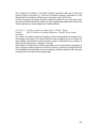 130
No se dispone los residuos en un relleno sanitario autorizado, dado que el único que
cuenta la región se encuentra a 2, 5 horas en la ciudad de Arequipa, actualmente se viene
disponiendo en un botadero informal que se encuentra a fueras del distrito.
Se tiene un proyecto de mejorar la gestión integral de residuos lo que conllevaría a tener
una menor cantidad reducida de residuos no aprovechables para disposición final de esta
forma tendríamos un menor impacto en el medio ambiente.
P 5: Caso 5 - 5:10 [Si se cuenta con relleno sanit..] (49:50) (Super)
Códigos: [SC1C3 Cálculos de residuos dispuestos - Familia: Survey Items]
No memos
Si se cuenta con relleno sanitario en Arequipa y relleno de seguridad en la ciudad de lima.
Sin embargo, estos deben ser la última alternativa para su disposición de los residuos no
aprovechables, previamente la actual normativa exige la valorización de los residuos, la
reducción de la generación, e impulsar el reciclaje.
Cabe señalar en la práctica los residuos municipales no son correctamente segregados es
decir se dispone residuos peligrosos en rellenos sanitarios, creándose un peligro adicional
a los trabajadores del municipio, así como problemas al relleno sanitario, sobre todo para
el manejo de los lixiviados de alta peligrosidad.
 