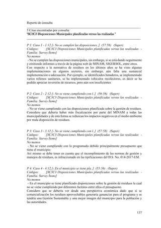 137
Reporte de consulta
______________________________________________________________________
5 Citas encontradas por consulta:
"SC3C3 Disposiciones Municipales planificadas versus las realizadas "
______________________________________________________________________
P 1: Caso 1 - 1:12 [- No se cumplen las disposiciones..] (57:58) (Super)
Códigos: [SC3C3 Disposiciones Municipales planificadas versus las realizadas -
Familia: Survey Ítems]
No memos
- No se cumplen las disposiciones municipales, sin embargo, si se está dando seguimiento
y emitiendo informes a través de la página web de MINAM, SIGERSOL, entre otros.
Con respecto a la normativa de residuos en los últimos años se ha visto algunas
implementaciones en algunos sectores, sin embargo, aún falta una sustancial
implementación o adecuación. Por ejemplo, se identificados botaderos, se implementado
varios rellenos sanitarios, se ha implementado vehículos recolectores, es decir se ha
podido apreciar inversión de recursos, pero aún son insuficientes
P 2: Caso 2 - 2:12 [- No se viene cumpliendo con l..] (56:56) (Super)
Códigos: [SC3C3 Disposiciones Municipales planificadas versus las realizadas -
Familia: Survey Ítems]
No memos
- No se viene cumpliendo con las disposiciones planificada sobre la gestión de residuos.
Considero que debería haber más fiscalización por parte del MINAM a todas las
municipalidades y de esta forma se reduzcan los impactos negativos en el medio ambiente
por mala disposición de residuos.
P 3: Caso 3 - 3:12 [- No se viene cumpliendo con l..] (57:58) (Super)
Códigos: [SC3C3 Disposiciones Municipales planificadas versus las realizadas -
Familia: Survey Ítems]
No memos
- No se viene cumpliendo con lo programado debido principalmente presupuesto que
tiene el municipio.
Así mismo se debe tener en cuenta que el incumplimiento de las normas de gestión y
manejos de residuos, es infraccionado en las tipificaciones del D.S. No. 014-2017-EM.
P 4: Caso 4 - 4:12 [- En el municipio se tiene pla..] (55:56) (Super)
Códigos: [SC3C3 Disposiciones Municipales planificadas versus las realizadas -
Familia: Survey Ítems]
No memos
- En el municipio se tiene planificado disposiciones sobre la gestión de residuos la cual
no se viene cumpliendo por diferentes factores entre ellos el presupuesto.
Considero que se debería ver desde una perspectiva económica dado que si se
comercialización los residuos aprovechables generaría ganancias para el programa y se
tendría una Gestión Sustentable y una mejor imagen del municipio para la población y
las autoridades.
 