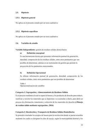 35
2.5. Hipótesis
2.5.1. Hipótesis general
No aplica en el presente estudio por ser tesis cualitativa
2.5.2. Hipótesis específicas
No aplica en el presente estudio por ser tesis cualitativa
2.6. Variables de estudio
Variable Independiente: gestión de residuos sólidos domiciliarios
a) Definición conceptual
Es una herramienta técnica por presentar información puntual de generación,
densidad, composición de los residuos sólidos, entre otros parámetros que son
posibles de determinar, además es un instrumento de gestión que permite la
proyección de los parámetros mencionados.
b) Definición Operacional
Se obtiene información puntual de generación, densidad, composición de los
residuos sólidos, entre otros parámetros que son posibles de determinar
Tabla 1
Operacionalizacion de variables
Categoría 1: Segregación y Almacenamiento de Residuos Sólidos
Es el proceso mediante el cual se separa la basura y los productos de desecho para reducir,
reutilizar y reciclar los materiales que se depositan o se acumulan a diario, para darle un
proceso de eliminación, tratamiento y selección de los materiales de desecho.(«Manejo
de residuo sólido mediante segregación», 2016).
Categoría 2: Recolección y Transporte de Residuos Sólidos Domiciliarios
Se procede a trasladar los acopios de basura para la recolección donde se pactan acuerdos
mediante los cuales se designan los días de recojo, según la municipalidad distrital y los
 