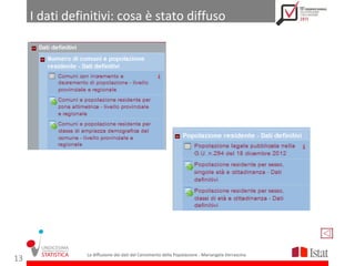 I dati definitivi: cosa è stato diffuso




                La diffusione dei dati del Censimento della Popolazione - Mariangela Verrascina
13
 