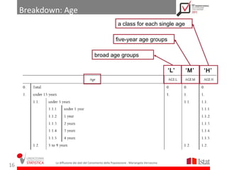 Breakdown: Age
                                                             a class for each single age

                                                           five-year age groups

                                           broad age groups

                                                                                               ‘L’   ‘M’   ‘H’




             La diffusione dei dati del Censimento della Popolazione - Mariangela Verrascina
16
 