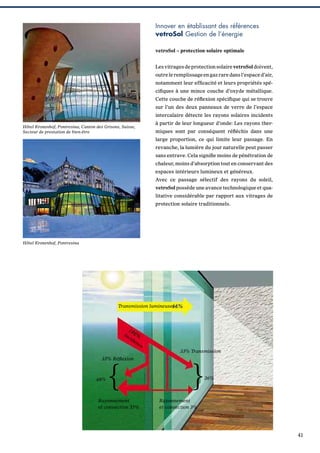 Innover en établissant des références
vetroSol Gestion de l’énergie
vetroSol – protection solaire optimale
Les vitrages de protection solaire vetroSol doivent,
outre le remplissage en gaz rare dans l’espace d’air,
notamment leur efﬁcacité et leurs propriétés spéciﬁques à une mince couche d’oxyde métallique.
Cette couche de réﬂexion spéciﬁque qui se trouve
sur l’un des deux panneaux de verre de l’espace
intercalaire détecte les rayons solaires incidents
à partir de leur longueur d’onde: Les rayons ther-

Hôtel Kronenhof, Pontresina, Canton des Grisons, Suisse,
Secteur de prestation de bien-être

miques sont par conséquent réﬂéchis dans une
large proportion, ce qui limite leur passage. En
revanche, la lumière du jour naturelle peut passer
sans entrave. Cela signiﬁe moins de pénétration de
chaleur, moins d’absorption tout en conservant des
espaces intérieurs lumineux et généreux.
Avec ce passage sélectif des rayons du soleil,
vetroSol possède une avance technologique et qualitative considérable par rapport aux vitrages de
protection solaire traditionnels.

Hôtel Kronenhof, Pontresina

Transmission lumineuse

In

ci

de

nc

33% Réﬂexion

68%

{

Rayonnement
et convection 35%

e

33% Transmission

}

36%

Rayonnement
et convection 3%

41

 