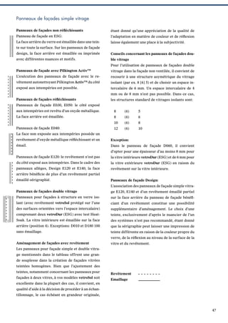 Panneaux de façades simple vitrage
Panneaux de façades non réﬂéchissants

étant donné qu’une appréciation de la qualité de

Panneau de façade en ESG:

l’adaptation en matière de couleur et de réﬂexion

La face arrière du verre est émaillée dans une tein-

laisse également une place à la subjectivité.

te sur toute la surface. Sur les panneaux de façade
design, la face arrière est émaillée ou imprimée

Conseils concernant les panneaux de façades dou-

avec différentes nuances et motifs.

ble vitrage
Pour l’utilisation de panneaux de façades double

Panneaux de façade avec Pilkington ActivTM

vitrage dans la façade non ventilée, il convient de

L’exécution des panneaux de façade avec le re-

recourir à une structure asymétrique du vitrage

vêtement autonettoyant Pilkington Activ

isolant (par ex. 8 [6] 5) et de choisir un espace in-

TM

du côté

exposé aux intempéries est possible.

tercalaire de 6 mm. Un espace intercalaire de 4
mm ou de 8 mm n’est pas possible. Dans ce cas,

Panneaux de façades réﬂéchissants

les structures standard de vitrages isolants sont:

Panneaux de façade E030, E050: le côté exposé
aux intempéries est revêtu d’un oxyde métallique.

8

(6)

5

La face arrière est émaillée.

8

(6)

6

10

(6)

8

12

(6)

10

Panneaux de façade E040:
La face non exposée aux intempéries possède un
revêtement d’oxyde métallique réﬂéchissant et un

Exception:

émail.

Dans le panneau de façade D060, il convient
d’opter pour une épaisseur d’au moins 8 mm pour

Panneaux de façade E120: le revêtement n’est pas

la vitre intérieure vetroDur (ESG) et de 6 mm pour

du côté exposé aux intempéries. Dans le cadre des

la vitre extérieure vetroDur (ESG) en raison du

panneaux allèges, Design E120 et E140, la face

revêtement sur la vitre intérieure.

arrière bénéﬁcie de plus d’un revêtement partiel
émaillé-sérigraphié.

Panneaux de façade Design:
L’association des panneaux de façade simple vitra-

Panneaux de façades double vitrage

ge E120, E140 et d’un revêtement émaillé partiel

Panneaux pour façades à structure en verre iso-

sur la face arrière du panneau de façade bénéﬁ-

lant (avec revêtement vetroSol protégé sur l’une

ciant d’un revêtement constitue une possibilité

des surfaces orientées vers l’espace intercalaire)

supplémentaire d’aménagement. Le choix d’une

comprenant deux vetroDur (ESG) avec test Heat-

teinte, exclusivement d’après le nuancier de l’un

Soak. La vitre intérieure est émaillée sur la face

des systèmes n’est pas recommandé, étant donné

arrière (position 4). Exceptions: D010 et D180 100

que la sérigraphie peut laisser une impression de

sans émaillage.

teinte différente en raison de la couleur propre du
verre, de la réﬂexion au niveau de la surface de la

Aménagement de façades avec revêtement

vitre et du revêtement.

Les panneaux pour façade simple et double vitrage mentionnés dans le tableau offrent une grande souplesse dans la création de façades vitrées
teintées homogènes. Bien que l’ajustement des
teintes, notamment concernant les panneaux pour
façades à deux vitres, à vos modèles vetroSol soit
excellente dans la plupart des cas, il convient, en

Revêtement
Emaillage

qualité d’aide à la décision de procéder à un échantillonnage, le cas échéant en grandeur originale,

47

 