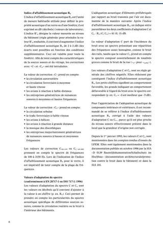 Indice d’affaiblissement acoustique Rw

L’adéquation acoustique d’éléments préfabriqués

L’indice d’affaiblissement acoustique Rw est l’unité

par rapport au bruit transmis par l’air est docu-

de mesure habituelle utilisée pour déﬁnir la pro-

mentée de la manière suivante: Après l’indice

priété acoustique d’un verre ou d’une fenêtre; il est

d’affaiblissement acoustique Rw, on indique entre

exprimé en dB (décibels) (valeurs de laboratoire).

parenthèses les deux coefﬁcients d’adaptation C et

L’indice R’w désigne la valeur mesurée au niveau

Ctr : Rw (C; Ctr) = 41 (0; -5) dB.

du bâtiment (règle générale: pour atteindre la valeur R’w souhaitée, il convient d’augmenter l’indice

La valeur d’adaptation C part de l’incidence du

d’affaiblissement acoustique Rw de 2 à 3 dB (des

bruit avec un spectre présentant une répartition

écarts sont possibles en fonction des conditions

des fréquences assez homogène, comme le bruit

supplémentaires. Ceci est valable pour toute la

des rails, tandis que la valeur Ctr prend en compte

fenêtre). Aﬁn de tenir compte des caractéristiques

le spectre composé essentiellement de tonalités

de la source sonore et du vitrage, les corrections

graves comme le bruit de la rue («tr» pour «trafﬁc»).

avec «C» et «Ctr» ont été introduites.
Les valeurs d’adaptation C et Ctr sont en règle géLa valeur de correction «C» prend en compte:

nérale des chiffres négatifs. Elles réduisent par

• la circulation autoroutière

conséquent l’indice d’affaiblissement acoustique
Rw. Les petits chiffres signiﬁent un comportement

• la circulation ferroviaire à moyenne

favorable, les grands indiquant un comportement

et haute vitesse
• les avions à réaction à faible distance

défavorable à l’égard du bruit avec le spectre cor-

• les entreprises génératrices de nuisances

respondant (p. ex. Ctr = –3 est meilleur que –5 dB).

sonores à moyennes et hautes fréquences
Pour l’appréciation de l’adéquation acoustique de
La valeur de correction «Ctr» prend en compte:

composants intérieurs et extérieurs, il est recom-

• la circulation urbaine

mandé de se référer à l’indice d’affaiblissement

• le traﬁc ferroviaire à faible vitesse

acoustique Rw corrigé à l’aide des valeurs

• les avions à hélices

d’adaptation C ou Ctr , parce qu’il est plus proche

• les avions à réaction à grande distance

du niveau sonore effectivement présent dans le

• la musique des discothèques

local que la grandeur d’origine non corrigée.

• les entreprises majoritairement génératrices
de nuisances sonores à basses et moyennes

Depuis le 1er janvier 1993, les valeurs C et Ctr sont

fréquences

mentionnées dans les comptes-rendus d’essais du
LFEM. Elles sont également mentionnées dans la
100–5000

documentation publiée en octobre 1996 par la SIA

prennent en compte le spectre de fréquences

«D 0139 Bauteildokumentation/Schallschutz im

de 100 à 3150 Hz. Lors de l’indication de l’indice

Hochbau» (documentation architecturale/protec-

d’affaiblissement acoustique Rw pour le verre, il

tion contre le bruit dans le bâtiment) et dans la

est impératif de tenir compte de la plage de fré-

SIA 181.

Les valeurs de correction C100–3150 ou Ctr

quences.
Valeurs d’adaptation du spectre
(conformément à EN 20717-1 ou ISO 717-1: 1996)
Les valeurs d’adaptation du spectre C et Ctr sont
les valeurs en décibels qu’il convient d’ajouter à
la valeur à un chiffre (p. ex. Rw). Ceci permet de
prendre en compte les particularités du spectre
acoustique spéciﬁque de différentes sources sonores, comme la circulation routière ou le bruit à
l’intérieur des bâtiments.

6

 