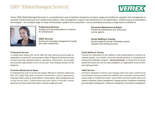 GMSTM (Global Managed Services)

Verrex GMS (Global Managed Services) is a comprehensive suite of solutions designed to increase usage and simplify the operation and management of
business critical audiovisual and conferencing systems. Now management, support and maintenance of all collaboration, conferencing and presentation
technologies – the complete range of visual communication systems and components – can be centralized providing a single-source umbrella for:

                                   Professional Services                                       Preventive Maintenance & Repair
                                   Analysis and recommendations to improve                     Preventive maintenance and critical care
                                   AV infrastructure.                                          service options.


                                   VNOC Services                                               Onsite Staffing & Training
                                   End-to-end concierge management of audio                    Human capital to provide immediate support,
                                   and video conferences.                                      operation and training services.



Professional Services                                                              Onsite Staffing & Training
A collaborative dialog with Verrex GMS will help identify and anticipate an        Choose from dedicated on-site staffing or staff augmentation to provide live
organization’s evolving AV communication needs. Professional Services provides     meeting support, room checks, set up and trouble-shooting. A comprehensive
a critical road map, assessing options, operations, infrastructure, service gaps   training and certification program - Verrex University - is required for all Verrex
and business requirements to arrive at the best, most strategic decision for the   placed technicians and can be made available to an organization as part of their
enterprise.                                                                        own training process.

Preventive Maintenance & Repair                                                    VNOC Services
A comprehensive suite of service and support offerings to maximize uptime and      Solutions designed to monitor and manage video and audio conferencing
ROI: 24/7 global help desk, preventive maintenance, service agreements,            environments ensuring trouble-free, effective and consistent communication
equipment repair, loaner & rental systems, critical spares, asset management and   across single or multiple time zones. Verrex VNOC services include: device and
on-call Service Desk. Customization puts cost control in the user’s hands,         network monitoring; device management; bridging services; conference scheduling
selecting only those options that match a specific budget and need.                and reservation management; conference management; and problem management.
 