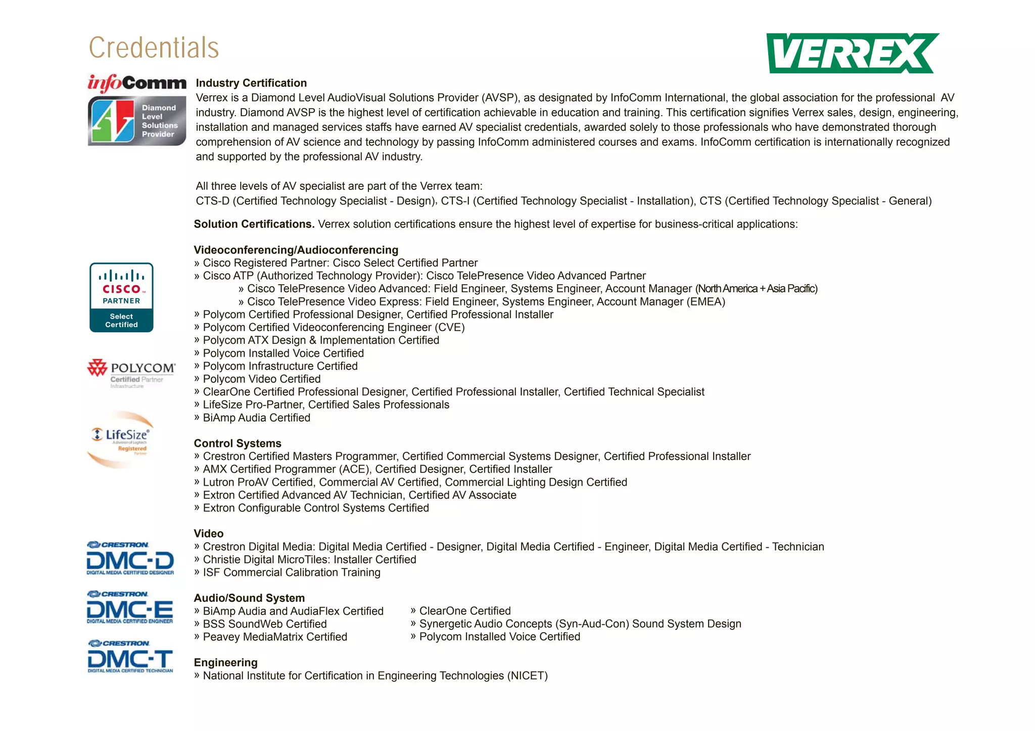 Credentials
         Industry Certification
         Verrex is a Diamond Level AudioVisual Solutions Provider (AVSP), as designated by InfoComm International, the global association for the professional AV
         industry. Diamond AVSP is the highest level of certification achievable in education and training. This certification signifies Verrex sales, design, engineering,
         installation and managed services staffs have earned AV specialist credentials, awarded solely to those professionals who have demonstrated thorough
         comprehension of AV science and technology by passing InfoComm administered courses and exams. InfoComm certification is internationally recognized
         and supported by the professional AV industry.

         All three levels of AV specialist are part of the Verrex team:
         CTS-D (Certified Technology Specialist - Design), CTS-I (Certified Technology Specialist - Installation), CTS (Certified Technology Specialist - General)

        Solution Certifications. Verrex solution certifications ensure the highest level of expertise for business-critical applications:

        Videoconferencing/Audioconferencing
        » Cisco Registered Partner: Cisco Select Certified Partner
        » Cisco ATP (Authorized Technology Provider): Cisco TelePresence Video Advanced Partner
                 » Cisco TelePresence Video Advanced: Field Engineer, Systems Engineer, Account Manager (North America + Asia Pacific)
                 » Cisco TelePresence Video Express: Field Engineer, Systems Engineer, Account Manager (EMEA)
        » Polycom Certified Professional Designer, Certified Professional Installer
        » Polycom Certified Videoconferencing Engineer (CVE)
        » Polycom ATX Design & Implementation Certified
        » Polycom Installed Voice Certified
        » Polycom Infrastructure Certified
        » Polycom Video Certified
        » ClearOne Certified Professional Designer, Certified Professional Installer, Certified Technical Specialist
        » LifeSize Pro-Partner, Certified Sales Professionals
        » BiAmp Audia Certified

        Control Systems
        » Crestron Certified Masters Programmer, Certified Commercial Systems Designer, Certified Professional Installer
        » AMX Certified Programmer (ACE), Certified Designer, Certified Installer
        » Lutron ProAV Certified, Commercial AV Certified, Commercial Lighting Design Certified
        » Extron Certified Advanced AV Technician, Certified AV Associate
        » Extron Configurable Control Systems Certified

        Video
        » Crestron Digital Media: Digital Media Certified - Designer, Digital Media Certified - Engineer, Digital Media Certified - Technician
        » Christie Digital MicroTiles: Installer Certified
        » ISF Commercial Calibration Training

        Audio/Sound System
        » BiAmp Audia and AudiaFlex Certified         » ClearOne Certified
        » BSS SoundWeb Certified                      » Synergetic Audio Concepts (Syn-Aud-Con) Sound System Design
        » Peavey MediaMatrix Certified                » Polycom Installed Voice Certified

        Engineering
        » National Institute for Certification in Engineering Technologies (NICET)
 