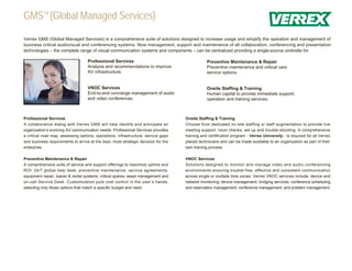 GMSTM (Global Managed Services)

Verrex GMS (Global Managed Services) is a comprehensive suite of solutions designed to increase usage and simplify the operation and management of
business critical audiovisual and conferencing systems. Now management, support and maintenance of all collaboration, conferencing and presentation
technologies – the complete range of visual communication systems and components – can be centralized providing a single-source umbrella for:

                                   Professional Services                                       Preventive Maintenance & Repair
                                   Analysis and recommendations to improve                     Preventive maintenance and critical care
                                   AV infrastructure.                                          service options.


                                   VNOC Services                                               Onsite Staffing & Training
                                   End-to-end concierge management of audio                    Human capital to provide immediate support,
                                   and video conferences.                                      operation and training services.



Professional Services                                                              Onsite Staffing & Training
A collaborative dialog with Verrex GMS will help identify and anticipate an        Choose from dedicated on-site staffing or staff augmentation to provide live
organization’s evolving AV communication needs. Professional Services provides     meeting support, room checks, set up and trouble-shooting. A comprehensive
a critical road map, assessing options, operations, infrastructure, service gaps   training and certification program - Verrex University - is required for all Verrex
and business requirements to arrive at the best, most strategic decision for the   placed technicians and can be made available to an organization as part of their
enterprise.                                                                        own training process.

Preventive Maintenance & Repair                                                    VNOC Services
A comprehensive suite of service and support offerings to maximize uptime and      Solutions designed to monitor and manage video and audio conferencing
ROI: 24/7 global help desk, preventive maintenance, service agreements,            environments ensuring trouble-free, effective and consistent communication
equipment repair, loaner & rental systems, critical spares, asset management and   across single or multiple time zones. Verrex VNOC services include: device and
on-call Service Desk. Customization puts cost control in the user’s hands,         network monitoring; device management; bridging services; conference scheduling
selecting only those options that match a specific budget and need.                and reservation management; conference management; and problem management.
 