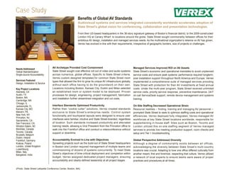 Case Study
                                                          Benefits of Global AV Standards
                                                          Audiovisual systems and services integrated consistently worldwide accelerates adoption of
                                                          State Street’s global vision for conferencing, collaboration and presentation technologies.

                                                          From their US-based headquarters in the 36-story signature gateway of Boston’s financial district, to the 2009-constructed
                                                          London HQ at Canary Wharf, to locations around the globe, State Street sought commonality between offices for their
                                                          ambitious AV design, installation and managed services needs. As the multinational organization’s reliance on AV has grown,
                                                          Verrex has evolved in-line with their requirements, irrespective of geographic borders, size of projects or challenges.




                                  AV Archetype Provided Cost Containment                                       Managed Services Improved ROI on AV Assets
Needs Addressed
Global Standardization            State Street sought cost effective roll out of video and audio systems       State Street’s economic and operational mandates to avoid unplanned
Single-source Accountability      across numerous, global offices. Specific to State Street criteria,          service costs and ensure peak systems’ performance required longterm,
                                  Verrex custom designed templates for common State Street room                post installation support throughout North America and Europe. Verrex
Services Featured                 types that allowed the firm to grow its unique AV infrastructure globally,   implemented a comprehensive suite of managed services providing
Design, Installation & Service
                                  without each office having to do the groundwork on their own.                State Street with protection for their AV investments at fixed annual
Key Project Locations             Locations including Boston, Kansas City, Dublin and Milan selected           costs. Under the multi-year program, State Street received unlimited
Alameda, CA                       an established room or system model to be deployed. Proven                   service visits, priority service response, preventive maintenance, 24/7
Austin, TX                        processes for design, engineering, project management, fabrication           on-call ServiceDesk support, remote device management and systems
Boston, MA                        and installation further streamlined integration and cut costs.              training.
Cambridge, MA
Chicago, IL
Jacksonville, FL                  Interface Standards Optimized Productivity                                   On-Site Staffing Decreased Operational Strain
Kansas City, MO                   Rather than “cookie cutter” solutions, Verrex created standards              Resource realities – finding, training and managing AV personnel –
Malvern, PA                       exclusive to State Street’s enterprise needs. Control system                 prompted State Street to seek to optimize staffing costs and operational
New York, NY                      functionality and touchpanel layouts were designed to ensure user            efficiencies. Verrex deployed fully integrated, Verrex-managed AV
Princeton, NJ
                                  interfaces were familiar, intuitive and State Street-branded, regardless     workforces at key State Street locations worldwide, responsible for
Sacramento, CA
San Francisco, CA                 of location. Such standards increased productivity and alleviated            supplementing in-house staff. Sites such as Boston, Toronto and
Winston-Salem, NC                 training needs, allowing a Vice President from the Princeton office to       London utilized this on-site staffing segment of Verrex managed
Montreal, Canada                  walk into the Frankfurt office and conduct a videoconference without         services to provide live meeting production support, room checks and
Toronto, Canada                   support or downtime.                                                         setup and Tier 1 troubleshooting.
Brussels, Belgium
Dublin, Ireland
Frankfurt, Germany                Accountability Evolved In-Line with Objectives                               Global Perspective Addressed Diversity
Krakow, Poland                    Sprawling projects such as the build-out of State Street headquarters        Although a degree of commonality exists between all offices,
London, United Kingdom            in Boston and London required management of multiple teams and               acknowledging the diversity between State Street’s multi-country
Luxembourg                        commissioning of dozens of systems concurrently. To meet State               locations was crucial. Adapting to how one office differed culturally from
Milan, Italy
                                  Street’s objectives of time-critical deployment and completion within        another meant, first and foremost, respecting that culture. Verrex utilized
Bangalore, India
                                  budget, Verrex assigned dedicated project managers, ensuring                 a network of local experts to ensure teams were aware of proper
                                  accountability and clearly-defined leadership at all project stages.         practices and procedures at all times.


(Photo: State Street Lafayette Conference Center, Boston, MA)
 
