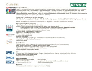 Credentials
         Industry Certification
         Verrex is a Diamond Level AudioVisual Solutions Provider (AVSP), as designated by InfoComm International, the global association for the professional
         AV industry. Diamond AVSP is the highest level of certification achievable in education and training. This certification signifies Verrex sales, design,
         engineering, installation and managed services staffs have earned AV specialist credentials, awarded solely to those professionals who have
         demonstrated thorough comprehension of AV science and technology by passing InfoComm administered courses and exams. InfoComm certification is
         internationally recognized and supported by the professional AV industry.

         All three levels of AV specialist are part of the Verrex team:
         CTS-D (Certified Technology Specialist - Design), CTS-I (Certified Technology Specialist - Installation), CTS (Certified Technology Specialist - General)

        Solution Certifications. Verrex solution certifications ensure the highest level of expertise for business-critical applications:

        Videoconferencing/Audioconferencing
        » Cisco Registered Partner: Cisco Select Certified Partner
        » Cisco ATP (Authorized Technology Provider): Cisco TelePresence Video Advanced Partner
                 » Cisco TelePresence Video Advanced: Field Engineer, Systems Engineer, Account Manager (North America + Asia Pacific)
                 » Cisco TelePresence Video Express: Field Engineer, Systems Engineer, Account Manager (EMEA)
        » Polycom Certified Professional Designer, Certified Professional Installer
        » Polycom Certified Videoconferencing Engineer (CVE)
        » Polycom ATX Design & Implementation Certified
        » Polycom Installed Voice Certified
        » Polycom Infrastructure Certified
        » Polycom Video Certified
        » ClearOne Certified Professional Designer, Certified Professional Installer, Certified Technical Specialist
        » LifeSize Pro-Partner, Certified Sales Professionals
        » BiAmp Audia Certified

        Control Systems
        » Crestron Certified Masters Programmer, Certified Commercial Systems Designer, Certified Professional Installer
        » AMX Certified Programmer (ACE), Certified Designer, Certified Installer
        » Lutron ProAV Certified, Commercial AV Certified, Commercial Lighting Design Certified
        » Extron Certified Advanced AV Technician, Certified AV Associate
        » Extron Configurable Control Systems Certified

        Video
        » Crestron Digital Media: Digital Media Certified - Designer, Digital Media Certified - Engineer, Digital Media Certified - Technician
        » Christie Digital MicroTiles: Installer Certified
        » ISF Commercial Calibration Training

        Audio/Sound System
        » BiAmp Audia and AudiaFlex Certified         » ClearOne Certified
        » BSS SoundWeb Certified                      » Synergetic Audio Concepts (Syn-Aud-Con) Sound System Design
        » Peavey MediaMatrix Certified                » Polycom Installed Voice Certified

        Engineering
        » National Institute for Certification in Engineering Technologies (NICET)
 