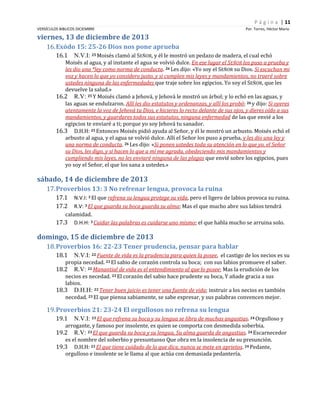 P á g i n a | 11
VERSÍCULOS BIBLICOS DICIEMBRE

Por. Torres, Héctor Mario

viernes, 13 de diciembre de 2013
16. Exódo 15: 25-26 Dios nos pone aprueba
16.1

N.V.I: 25 Moisés clamó al SEÑOR, y él le mostró un pedazo de madera, el cual echó

Moisés al agua, y al instante el agua se volvió dulce. En ese lugar el SEÑOR los puso a prueba y
les dio una *ley como norma de conducta. 26 Les dijo: «Yo soy el SEÑOR su Dios. Si escuchan mi
voz y hacen lo que yo considero justo, y si cumplen mis leyes y mandamientos, no traeré sobre
ustedes ninguna de las enfermedades que traje sobre los egipcios. Yo soy el SEÑOR, que les
devuelve la salud.»
16.2 R.V: 25 Y Moisés clamó a Jehová, y Jehová le mostró un árbol; y lo echó en las aguas, y
las aguas se endulzaron. Allí les dio estatutos y ordenanzas, y allí los probó; 26 y dijo: Si oyeres
atentamente la voz de Jehová tu Dios, e hicieres lo recto delante de sus ojos, y dieres oído a sus
mandamientos, y guardares todos sus estatutos, ninguna enfermedad de las que envié a los
egipcios te enviaré a ti; porque yo soy Jehová tu sanador.
16.3 D.H.H: 25 Entonces Moisés pidió ayuda al Señor, y él le mostró un arbusto. Moisés echó el
arbusto al agua, y el agua se volvió dulce. Allí el Señor los puso a prueba, y les dio una ley y
una norma de conducta. 26 Les dijo: «Si ponen ustedes toda su atención en lo que yo, el Señor
su Dios, les digo, y si hacen lo que a mí me agrada, obedeciendo mis mandamientos y
cumpliendo mis leyes, no les enviaré ninguna de las plagas que envié sobre los egipcios, pues
yo soy el Señor, el que los sana a ustedes.»

sábado, 14 de diciembre de 2013
17. Proverbios 13: 3 No refrenar lengua, provoca la ruina
17.1
17.2

N.V.I: 3 El que refrena su lengua protege su vida, pero el ligero de labios provoca su ruina.
R.V: 3 El que guarda su boca guarda su alma; Mas el que mucho abre sus labios tendrá
calamidad.
17.3 D.H.H: 3 Cuidar las palabras es cuidarse uno mismo; el que habla mucho se arruina solo.

domingo, 15 de diciembre de 2013
18. Proverbios 16: 22-23 Tener prudencia, pensar para hablar
18.1

N.V.I: 22 Fuente de vida es la prudencia para quien la posee, el castigo de los necios es su

propia necedad. 23 El sabio de corazón controla su boca; con sus labios promueve el saber.
18.2 R.V: 22 Manantial de vida es el entendimiento al que lo posee; Mas la erudición de los
necios es necedad. 23 El corazón del sabio hace prudente su boca, Y añade gracia a sus
labios.
18.3 D.H.H: 22 Tener buen juicio es tener una fuente de vida; instruir a los necios es también
necedad. 23 El que piensa sabiamente, se sabe expresar, y sus palabras convencen mejor.

19. Proverbios 21: 23-24 El orgullosos no refrena su lengua
19.1

N.V.I: 23 El que refrena su boca y su lengua se libra de muchas angustias. 24 Orgulloso y

arrogante, y famoso por insolente, es quien se comporta con desmedida soberbia.
R.V: 23 El que guarda su boca y su lengua, Su alma guarda de angustias. 24 Escarnecedor
es el nombre del soberbio y presuntuoso Que obra en la insolencia de su presunción.
19.3 D.H.H: 23 El que tiene cuidado de lo que dice, nunca se mete en aprietos. 24 Pedante,
orgulloso e insolente se le llama al que actúa con demasiada pedantería.

19.2

 