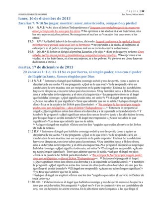 P á g i n a | 12
VERSÍCULOS BIBLICOS DICIEMBRE

Por. Torres, Héctor Mario

lunes, 16 de diciembre de 2013
Zacarías 7: 9-10 No juzgar, mostrar: amor, misericordia, compasión y piedad
19.4

N.V.I: 9 «Así dice el SEÑOR Todopoderoso:»“Juzguen con verdadera justicia; muestren

amor y compasión los unos por los otros. 10 No opriman a las viudas ni a los huérfanos, ni a
los extranjeros ni a los pobres. No maquinen el mal en su *corazón los unos contra los
otros.”
19.5 R.V: 9 Así habló Jehová de los ejércitos, diciendo: Juzgad conforme a la verdad, y haced
misericordia y piedad cada cual con su hermano; 10 no oprimáis a la viuda, al huérfano, al
extranjero ni al pobre; ni ninguno piense mal en su corazón contra su hermano.
19.6 D.H.H: 8 El Señor se dirigió al profeta Zacarías, y le dijo: 9 «Esto es lo que yo ordeno: Sean
ustedes rectos en sus juicios, y bondadosos y compasivos unos con otros. 10 No opriman a las
viudas, ni a los huérfanos, ni a los extranjeros, ni a los pobres. No piensen en cómo hacerse
daño unos a otros.»

martes, 17 de diciembre de 2013
20. Zacarías 4: 1-6; 11-14 No es por fuerza, ni ningún poder, sino con el poder
del Espíritu Santo. Somos elegidos por Dios
21.1 N.V.I: 1 Entonces el ángel que hablaba conmigo volvió y me despertó, como a quien se
despierta de su sueño. 2 Y me preguntó: «¿Qué es lo que ves?» Yo le respondí: «Veo un
candelabro de oro macizo, con un recipiente en la parte superior. Encima del candelabro
hay siete lámparas, con siete tubos para las mismas. 3 Hay también junto a él dos olivos,
uno a la derecha del recipiente, y el otro a la izquierda.» 4 Le pregunté entonces al ángel
que hablaba conmigo: «¿Qué significa todo esto, mi señor?» 5 Y el ángel me respondió:
«¿Acaso no sabes lo que significa?» Tuve que admitir que no lo sabía. 6 Así que el ángel me
dijo: «Ésta es la palabra del SEÑOR para Zorobabel: » “No será por la fuerza ni por ningún
poder, sino por mi Espíritu —dice el SEÑOR *Todopoderoso—. 11 Entonces le pregunté al
ángel: «¿Qué significan estos dos olivos a la derecha y a la izquierda del candelabro?» 12 Y
también le pregunté: «¿Qué significan estas dos ramas de olivo junto a los dos tubos de oro,
por los que fluye el aceite dorado?»13 El ángel me respondió: «¿Acaso no sabes lo que
significan?» Y yo tuve que admitir que no lo sabía.
14 Así que el ángel me explicó: «Éstos son los dos *ungidos que están al servicio del Señor
de toda la tierra.»
21.2 R.V: 1 Entonces el ángel que hablaba conmigo volvió y me despertó, como a quien se
despierta de su sueño. 2 Y me preguntó: «¿Qué es lo que ves?» Yo le respondí: «Veo un
candelabro de oro macizo, con un recipiente en la parte superior. Encima del candelabro
hay siete lámparas, con siete tubos para las mismas. 3 Hay también junto a él dos olivos,
uno a la derecha del recipiente, y el otro a la izquierda.»4 Le pregunté entonces al ángel que
hablaba conmigo: «¿Qué significa todo esto, mi señor?» 5 Y el ángel me respondió: «¿Acaso
no sabes lo que significa?» Tuve que admitir que no lo sabía. 6 Así que el ángel me dijo:
«Ésta es la palabra del SEÑOR para Zorobabel: » “No será por la fuerza ni por ningún poder,
sino por mi Espíritu —dice el SEÑOR *Todopoderoso—. 11 Entonces le pregunté al ángel:
«¿Qué significan estos dos olivos a la derecha y a la izquierda del candelabro?» 12 Y también
le pregunté: «¿Qué significan estas dos ramas de olivo junto a los dos tubos de oro, por los
que fluye el aceite dorado?» 13 El ángel me respondió: «¿Acaso no sabes lo que significan?»
Y yo tuve que admitir que no lo sabía.
14 Así que el ángel me explicó: «Éstos son los dos *ungidos que están al servicio del Señor de
toda la tierra.»
21.3D.H.H: 1 Volvió entonces el ángel que hablaba conmigo, y me despertó como se despierta a
uno que está dormido. Me preguntó: 2 «¿Qué ves?» Y yo le contesté: «Veo un candelabro de
oro, con un depósito de aceite encima. En lo alto tiene siete lámparas, a las que llega el

 