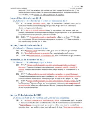P á g i n a | 16
VERSÍCULOS BIBLICOS DICIEMBRE

Por. Torres, Héctor Mario

la justicia.17 Pero gracias a Dios que ustedes, que antes eran esclavos del pecado, ya han
obedecido de corazón a la forma de enseñanza que han recibido. 18 Una vez libres de la
esclavitud del pecado, ustedes han entrado al servicio de la justicia.

Lunes, 23 de diciembre de 2013
26. Salmo 31: 14-16 Confiar en el señor, los tiempos son de él
26.1

N.V.I: 14 Pero yo, SEÑOR, en ti confío, y digo: «Tú eres mi Dios.» 15 Mi vida entera está en
tus manos; líbrame de mis enemigos y perseguidores. 16 Que irradie tu faz sobre tu
siervo; por tu gran amor, sálvame.
26.2 R.V: 14 Mas yo en ti confío, oh Jehová; Digo: Tú eres mi Dios. 15 En tu mano están mis
tiempos; Líbrame de la mano de mis enemigos y de mis perseguidores. 16 Haz resplandecer
tu rostro sobre tu siervo; Sálvame por tu misericordia.
26.3 D.H.H: 14 (15) Pero yo, Señor, confío en ti; yo he dicho: «¡Tú eres mi Dios!» 15 (16) Mi vida
está en tus manos; ¡líbrame de mis enemigos, que me persiguen! 16 (17) Mira con bondad a
este siervo tuyo, y sálvame, por tu amor.

martes, 24 de diciembre de 2013
27. Salmo 34: 9 Temor, honrar al Señor
27.1
27.2
27.3

N.V.I: 9 Teman al SEÑOR, ustedes sus santos, pues nada les falta a los que le temen.
R.V: 9 Temed a Jehová, vosotros sus santos, Pues nada falta a los que le temen.
D.H.H: 9 (10) Honren al Señor, los consagrados a él, pues nada faltará a los que lo honran.

miercoles, 25 de diciembre de 2013
28. Mateo 11: 28-30 Entrega cargas al Señor
28.1

N.V.I: 28 »Vengan a mí todos ustedes que están cansados y agobiados, y yo les daré
descanso. 29 Carguen con mi yugo y aprendan de mí, pues yo soy apacible y humilde de
corazón, y encontrarán descanso para su alma.30 Porque mi yugo es suave y mi carga es
liviana.»
28.2 R.V: 28 Venid a mí todos los que estáis trabajados y cargados, y yo os haré descansar.
29 Llevad mi yugo sobre vosotros, y aprended de mí, que soy manso y humilde de corazón; y
hallaréis descanso para vuestras almas;(L) 30 porque mi yugo es fácil, y ligera mi carga.
28.3 D.H.H: 28 Vengan a mí todos ustedes que están cansados de sus trabajos y cargas, y yo los
haré descansar. 29 Acepten el yugo que les pongo, y aprendan de mí, que soy paciente y de
corazón humilde; así encontrarán descanso.30 Porque el yugo que les pongo y la carga que
les doy a llevar son ligeros.»

jueves, 26 de diciembre de 2013
29. Romanos 4: 18-21 No vacile en su Fe, contra toda esperanza
29.1

N.V.I: 18 Contra toda esperanza, Abraham creyó y esperó, y de este modo llegó a ser padre
de muchas naciones, tal como se le había dicho: «¡Así de numerosa será tu descendencia!»[f]
19 Su fe no flaqueó, aunque reconocía que su cuerpo estaba como muerto, pues ya tenía
unos cien años, y que también estaba muerta la matriz de Sara. 20 Ante la promesa de Dios no

 