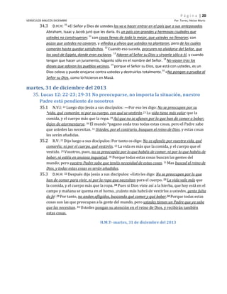 P á g i n a | 20
VERSÍCULOS BIBLICOS DICIEMBRE

Por. Torres, Héctor Mario

34.3

D.H.H: 10 »El Señor y Dios de ustedes los va a hacer entrar en el país que a sus antepasados
Abraham, Isaac y Jacob juró que les daría. Es un país con grandes y hermosas ciudades que
ustedes no construyeron; 11 con casas llenas de todo lo mejor, que ustedes no llenaron; con
pozos que ustedes no cavaron, y viñedos y olivos que ustedes no plantaron, pero de los cuales
comerán hasta quedar satisfechos. 12 Cuando eso suceda, procuren no olvidarse del Señor, que
los sacó de Egipto, donde eran esclavos. 13 Adoren al Señor su Dios y sírvanle sólo a él, y cuando
tengan que hacer un juramento, háganlo sólo en el nombre del Señor. 14 No vayan tras los
dioses que adoran los pueblos vecinos, 15 porque el Señor su Dios, que está con ustedes, es un
Dios celoso y puede enojarse contra ustedes y destruirlos totalmente.16 »No pongan a prueba al
Señor su Dios, como lo hicieron en Masá.

martes, 31 de diciembre del 2013
35. Lucas 12: 22-23; 29-31 No preocuparse, no importa la situación, nuestro
Padre está pendiente de nosotros
35.1

N.V.I: 22 Luego dijo Jesús a sus discípulos: —Por eso les digo: No se preocupen por su
*vida, qué comerán; ni por su cuerpo, con qué se vestirán.23 La vida tiene más valor que la
comida, y el cuerpo más que la ropa. 29 Así que no se afanen por lo que han de comer o beber;
dejen de atormentarse. 30 El mundo *pagano anda tras todas estas cosas, pero el Padre sabe
que ustedes las necesitan. 31 Ustedes, por el contrario, busquen el reino de Dios, y estas cosas
les serán añadidas.
35.2 R.V: 22 Dijo luego a sus discípulos: Por tanto os digo: No os afanéis por vuestra vida, qué
comeréis; ni por el cuerpo, qué vestiréis. 23 La vida es más que la comida, y el cuerpo que el
vestido. 29 Vosotros, pues, no os preocupéis por lo que habéis de comer, ni por lo que habéis de
beber, ni estéis en ansiosa inquietud. 30 Porque todas estas cosas buscan las gentes del
mundo; pero vuestro Padre sabe que tenéis necesidad de estas cosas. 31 Mas buscad el reino de
Dios, y todas estas cosas os serán añadidas.
35.3 D.H.H: 22 Después dijo Jesús a sus discípulos: «Esto les digo: No se preocupen por lo que
han de comer para vivir, ni por la ropa que necesitan para el cuerpo. 23 La vida vale más que
la comida, y el cuerpo más que la ropa. 28 Pues si Dios viste así a la hierba, que hoy está en el
campo y mañana se quema en el horno, ¡cuánto más habrá de vestirlos a ustedes, gente falta
de fe! 29 Por tanto, no anden afligidos, buscando qué comer y qué beber.30 Porque todas estas
cosas son las que preocupan a la gente del mundo, pero ustedes tienen un Padre que ya sabe
que las necesitan. 31 Ustedes pongan su atención en el reino de Dios, y recibirán también
estas cosas.
H.M.T- martes, 31 de diciembre del 2013

 