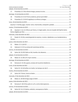 Página |3
VERSÍCULOS BIBLICOS DICIEMBRE

Por. Torres, Héctor Mario

sábado, 14 de diciembre de 2013 .................................................................................................................... 11
17.

Proverbios 13: 3 No refrenar lengua, provoca la ruina .................................................................... 11

domingo, 15 de diciembre de 2013 ................................................................................................................. 11
18.

Proverbios 16: 22-23 Tener prudencia, pensar para hablar ............................................................ 11

19.

Proverbios 21: 23-24 El orgullosos no refrena su lengua ................................................................. 11

lunes, 16 de diciembre de 2013 ....................................................................................................................... 12
Zacarías 7: 9-10 No juzgar, mostrar: amor, misericordia, compasión y piedad ........................................... 12
martes, 17 de diciembre de 2013 .................................................................................................................... 12
20.
Zacarías 4: 1-6; 11-14 No es por fuerza, ni ningún poder, sino con el poder del Espíritu Santo.
Somos elegidos por Dios .............................................................................................................................. 12
miércoles, 18 de diciembre de 2013 ................................................................................................................ 13
22
Éxodo 15: 25-26 La salud depende de nosotros, si somos obedientes a sus mandamientos y
normas.......................................................................................................................................................... 13
jueves, 18 de diciembre de 2013 ..................................................................................................................... 13
21.

Mateo: 15: 11;18-19 ......................................................................................................................... 13

22.

Hebreos 6: 13-15 La certeza de la promesas de Dios....................................................................... 14

viernes, 21 de diciembre de 2013 .................................................................................................................... 14
23.

Salmo 18: 25-29 El Señor es fiel, humilla a los altaneros ................................................................. 14

sábado, 21 de diciembre de 2013 .................................................................................................................... 14
24.

Mateo 15: 21-28 La Fe mujer cananea ............................................................................................. 14

domingo, 22 de diciembre de 2013 ................................................................................................................. 15
25.

Romanos 6: 15-18 La gracia, esclavos de la justicia=obediencia ..................................................... 15

Lunes, 23 de diciembre de 2013 ...................................................................................................................... 16
26.

Salmo 31: 14-16 Confiar en el señor, los tiempos son de él ............................................................ 16

martes, 24 de diciembre de 2013 .................................................................................................................... 16
27.

Salmo 34: 9 Temor, honrar al Señor................................................................................................. 16

miercoles, 25 de diciembre de 2013 ................................................................................................................ 16
28.

Mateo 11: 28-30 Entrega cargas al Señor ........................................................................................ 16

jueves, 26 de diciembre de 2013 ..................................................................................................................... 16
29.

Romanos 4: 18-21 No vacile en su Fe, contra toda esperanza ........................................................ 16

viernes, 27 de diciembre de 2013 .................................................................................................................... 17
30.

Salmo 10: 3-6; 12 Codicia, ambición, menosprecio al Señor ........................................................... 17

sabado, 28 de diciembre de 2013 .................................................................................................................... 17

 