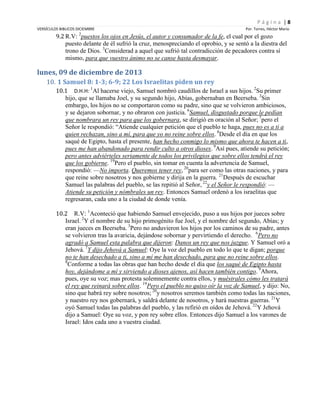 Página |8
VERSÍCULOS BIBLICOS DICIEMBRE
2

Por. Torres, Héctor Mario

9.2 R.V: puestos los ojos en Jesús, el autor y consumador de la fe, el cual por el gozo
puesto delante de él sufrió la cruz, menospreciando el oprobio, y se sentó a la diestra del
trono de Dios. 3Considerad a aquel que sufrió tal contradicción de pecadores contra sí
mismo, para que vuestro ánimo no se canse hasta desmayar.

lunes, 09 de diciembre de 2013
10. 1 Samuel 8: 1-3; 6-9; 22 Los Israelitas piden un rey
10.1 D.H.H: 1Al hacerse viejo, Samuel nombró caudillos de Israel a sus hijos. 2Su primer
hijo, que se llamaba Joel, y su segundo hijo, Abías, gobernaban en Beerseba. 3Sin
embargo, los hijos no se comportaron como su padre, sino que se volvieron ambiciosos,
y se dejaron sobornar, y no obraron con justicia. 6Samuel, disgustado porque le pedían
que nombrara un rey para que los gobernara, se dirigió en oración al Señor; 7pero el
Señor le respondió: “Atiende cualquier petición que el pueblo te haga, pues no es a ti a
quien rechazan, sino a mí, para que yo no reine sobre ellos. 8Desde el día en que los
saqué de Egipto, hasta el presente, han hecho conmigo lo mismo que ahora te hacen a ti,
pues me han abandonado para rendir culto a otros dioses. 9Así pues, atiende su petición;
pero antes adviérteles seriamente de todos los privilegios que sobre ellos tendrá el rey
que los gobierne. 19Pero el pueblo, sin tomar en cuenta la advertencia de Samuel,
respondió: —No importa. Queremos tener rey, 20para ser como las otras naciones, y para
que reine sobre nosotros y nos gobierne y dirija en la guerra. 21Después de escuchar
Samuel las palabras del pueblo, se las repitió al Señor, 22y el Señor le respondió: —
Atiende su petición y nómbrales un rey. Entonces Samuel ordenó a los israelitas que
regresaran, cada uno a la ciudad de donde venía.
10.2 R.V: 1Aconteció que habiendo Samuel envejecido, puso a sus hijos por jueces sobre
Israel. 2Y el nombre de su hijo primogénito fue Joel, y el nombre del segundo, Abías; y
eran jueces en Beerseba. 3Pero no anduvieron los hijos por los caminos de su padre, antes
se volvieron tras la avaricia, dejándose sobornar y pervirtiendo el derecho. 6Pero no
agradó a Samuel esta palabra que dijeron: Danos un rey que nos juzgue. Y Samuel oró a
Jehová. 7Y dijo Jehová a Samuel: Oye la voz del pueblo en todo lo que te digan; porque
no te han desechado a ti, sino a mí me han desechado, para que no reine sobre ellos.
8
Conforme a todas las obras que han hecho desde el día que los saqué de Egipto hasta
hoy, dejándome a mí y sirviendo a dioses ajenos, así hacen también contigo. 9Ahora,
pues, oye su voz; mas protesta solemnemente contra ellos, y muéstrales cómo les tratará
el rey que reinará sobre ellos. 19Pero el pueblo no quiso oír la voz de Samuel, y dijo: No,
sino que habrá rey sobre nosotros; 20y nosotros seremos también como todas las naciones,
y nuestro rey nos gobernará, y saldrá delante de nosotros, y hará nuestras guerras. 21Y
oyó Samuel todas las palabras del pueblo, y las refirió en oídos de Jehová. 22Y Jehová
dijo a Samuel: Oye su voz, y pon rey sobre ellos. Entonces dijo Samuel a los varones de
Israel: Idos cada uno a vuestra ciudad.

 