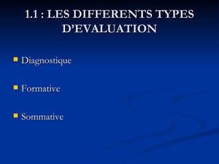 1.1 : LES DIFFERENTS TYPES D’EVALUATION Diagnostique Formative Sommative 
