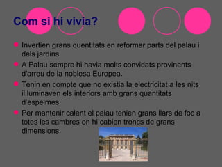Com si hi vivia?
 Invertien grans quentitats en reformar parts del palau i
  dels jardins.
 A Palau sempre hi havia molts convidats provinents
  d'arreu de la noblesa Europea.
 Tenin en compte que no existia la electricitat a les nits
  il.luminaven els interiors amb grans quantitats
  d’espelmes.
 Per mantenir calent el palau tenien grans llars de foc a
  totes les cambres on hi cabien troncs de grans
  dimensions.
 