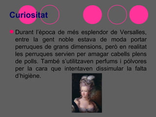 Curiositat
 Durant l’època de més esplendor de Versalles,
  entre la gent noble estava de moda portar
  perruques de grans dimensions, però en realitat
  les perruques servien per amagar cabells plens
  de polls. També s’utilitzaven perfums i pólvores
  per la cara que intentaven dissimular la falta
  d’higiène.
 