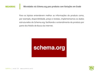 MELHORIAS Microdados via Schema.org para produtos com Variações em Grade
UpWithYou | versão 1.96 - www.ezcommerce.com.br
Para os lojistas entenderem melhor as informações do produto como,
por exemplo, disponibilidade, preço e reviews, implementamos os dados
estruturados do Schema.org, facilitando o entendimento do produto por
parte dos Robôs de Busca da internet.
 