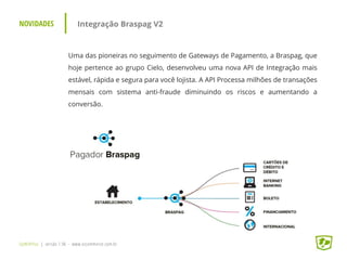 NOVIDADES Integração Braspag V2
UpWithYou | versão 1.96 - www.ezcommerce.com.br
Uma das pioneiras no seguimento de Gateways de Pagamento, a Braspag, que
hoje pertence ao grupo Cielo, desenvolveu uma nova API de Integração mais
estável, rápida e segura para você lojista. A API Processa milhões de transações
mensais com sistema anti-fraude diminuindo os riscos e aumentando a
conversão.
 