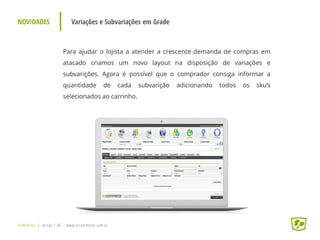 NOVIDADES Variações e Subvariações em Grade
UpWithYou | versão 1.96 - www.ezcommerce.com.br
Para ajudar o lojista a atender a crescente demanda de compras em
atacado criamos um novo layout na disposição de variações e
subvarições. Agora é possível que o comprador consiga informar a
quantidade de cada subvarição adicionando todos os sku’s
selecionados ao carrinho.
 