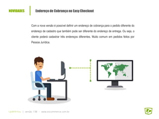 NOVIDADES Endereço de Cobrança no Easy Checkout
UpWithYou | versão 1.98 - www.ezcommerce.com.br
Com a nova versão é possível definir um endereço de cobrança para o pedido diferente do
endereço de cadastro que também pode ser diferente do endereço de entrega. Ou seja, o
cliente poderá cadastrar três endereços diferentes. Muito comum em pedidos feitos por
Pessoa Jurídica.
 