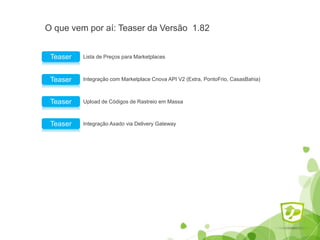 O que vem por aí: Teaser da Versão 1.82
Lista de Preços para MarketplacesTeaser
Integração com Marketplace Cnova API V2 (Extra, PontoFrio, CasasBahia)Teaser
Upload de Códigos de Rastreio em MassaTeaser
Integração Axado via Delivery GatewayTeaser
 