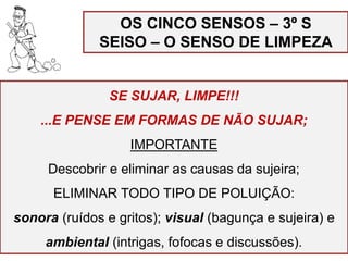 OS CINCO SENSOS – 3º S
SEISO – O SENSO DE LIMPEZA
SE SUJAR, LIMPE!!!
...E PENSE EM FORMAS DE NÃO SUJAR;
IMPORTANTE
Descobrir e eliminar as causas da sujeira;
ELIMINAR TODO TIPO DE POLUIÇÃO:
sonora (ruídos e gritos); visual (bagunça e sujeira) e
ambiental (intrigas, fofocas e discussões).
 