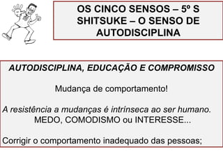 AUTODISCIPLINA, EDUCAÇÃO E COMPROMISSO
Mudança de comportamento!
A resistência a mudanças é intrínseca ao ser humano.
MEDO, COMODISMO ou INTERESSE...
Corrigir o comportamento inadequado das pessoas;
OS CINCO SENSOS – 5º S
SHITSUKE – O SENSO DE
AUTODISCIPLINA
 