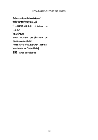 LISTA DOS MEUS LIVROS PUBLICADOS
[ 102 ]
Bybelstudiegids [Afrikkaner]
गाइड स्टडी बाइबल [Hindi]
什一税不适合基督教 [dízimo –
chinês]
HEBRAICO
‫הערות‬ ‫עם‬ ‫חמאס‬ ‫חוק‬ [Estatuto do
Hamas comentado]
‫מכשול‬ ‫ישראלי‬ ‫בגדה‬ ‫המערבית‬ [Barreira
Israelense na Cisjordânia]
356 livros publicados
 