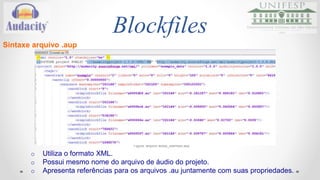 Blockfiles 
Sintaxe arquivo .aup 
Figura: arquivo audio_exemplo.aup 
o Utiliza o formato XML. 
o Possui mesmo nome do arquivo de áudio do projeto. 
o Apresenta referências para os arquivos .au juntamente com suas propriedades. 
 