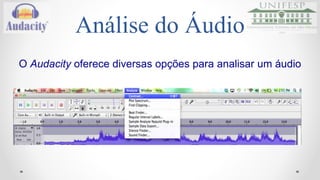 Análise Espectral 
Na análise espectral o trecho selecionado é convertido em um 
gráfico de frequências (escala horizontal em Hz) versus 
amplitudes (escala vertical em dB). 
 