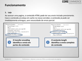 Funcionamento
1. Loja
Ao acessar uma pagina, o conteúdo HTML pode ter seu envio iniciado previamente.
Caso o conteúdo já esteja em cache no nosso servidor, o conteúdo já pode ser
imediatamente entregue, sem necessidade de envio parcial.
O transfer-encoding
identifica o envio em
partes do conteúdo
O contente-length
identifica o envio completo
do conteúdo
Versão 2.2 Performance - Adiantar o envio do HTML na renderização das páginas
 