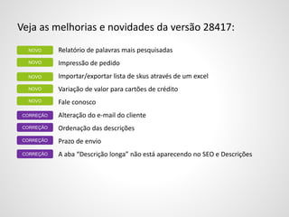 Veja as melhorias e novidades da versão 28417:
Relatório de palavras mais pesquisadas
Impressão de pedido
Importar/exportar lista de skus através de um excel
Variação de valor para cartões de crédito
Fale conosco
Alteração do e-mail do cliente
Ordenação das descrições
Prazo de envio
A aba “Descrição longa” não está aparecendo no SEO e Descrições
CORREÇÃO
CORREÇÃO
CORREÇÃO
CORREÇÃO
NOVO
NOVO
NOVO
NOVO
NOVO
 